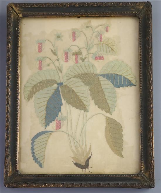 A pair of Regency silkwork panels depicting flowers in an urn and a strawberry plant, 11.5 x 13.25in.